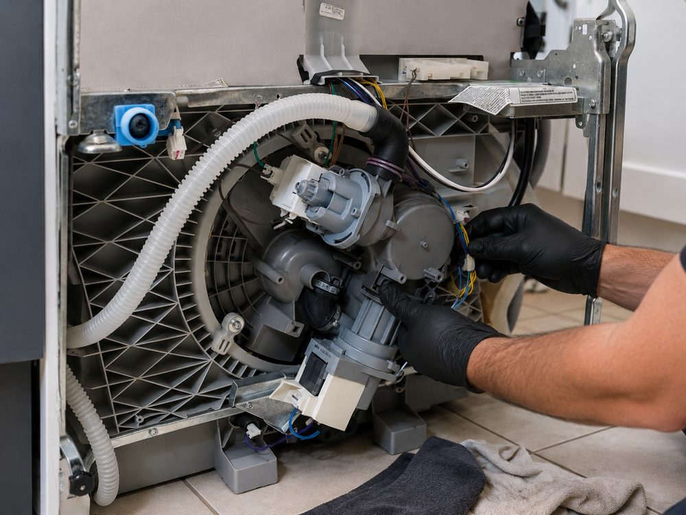 SVA technician repairing a dishwasher drain pump and wash motor