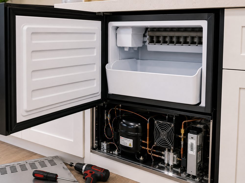 SVA technician servicing the compressor and internal components of an ice maker