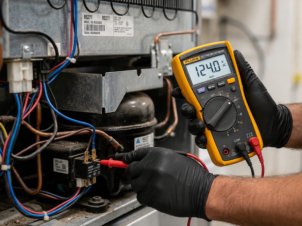 SVA technician testing a refrigerator compressor relay with a multimeter
