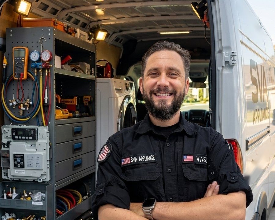 Vasily, SVA Appliance Repair technician, standing in front of his fully stocked service van in Windermere, FL