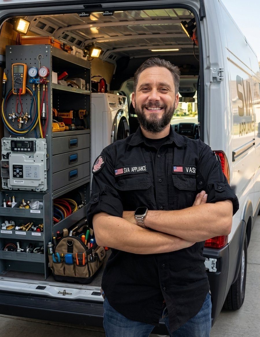 Vasily Sukhanov, owner and technician at SVA Appliance Repair LLC, standing in front of his fully stocked service van