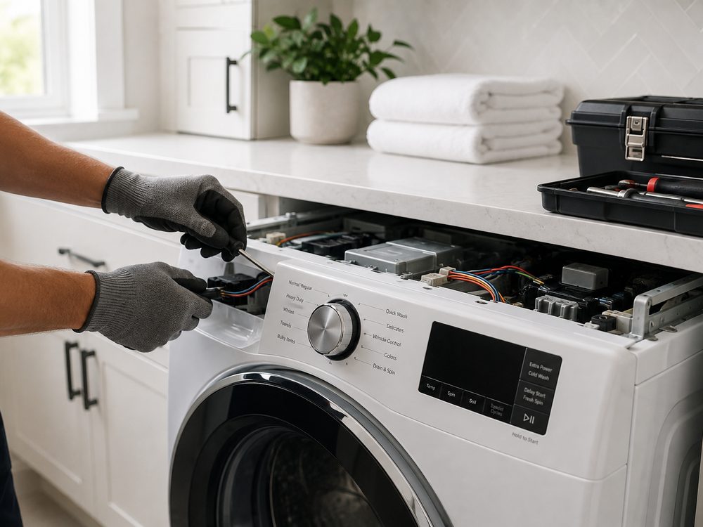 SVA technician repairing the control panel wiring on a washer