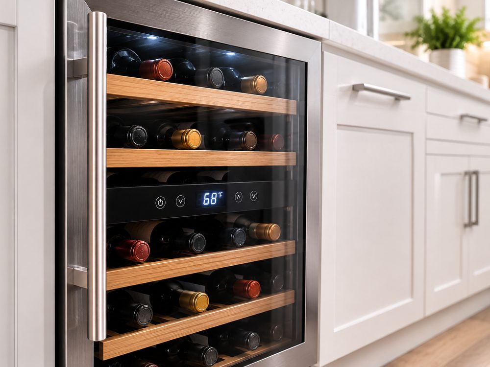 Close-up of a dual-zone wine cooler's digital temperature control and wine storage
